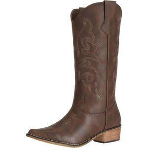 SheSole Western Boots Women Dark Brown Faux Leather Square Toe Wide Mid Calf